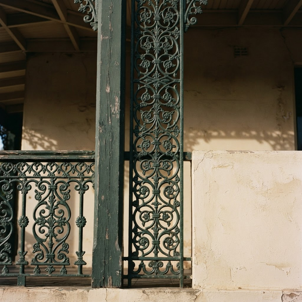 Detail of a heritage hotel verandah balustrade in raking afternoon light