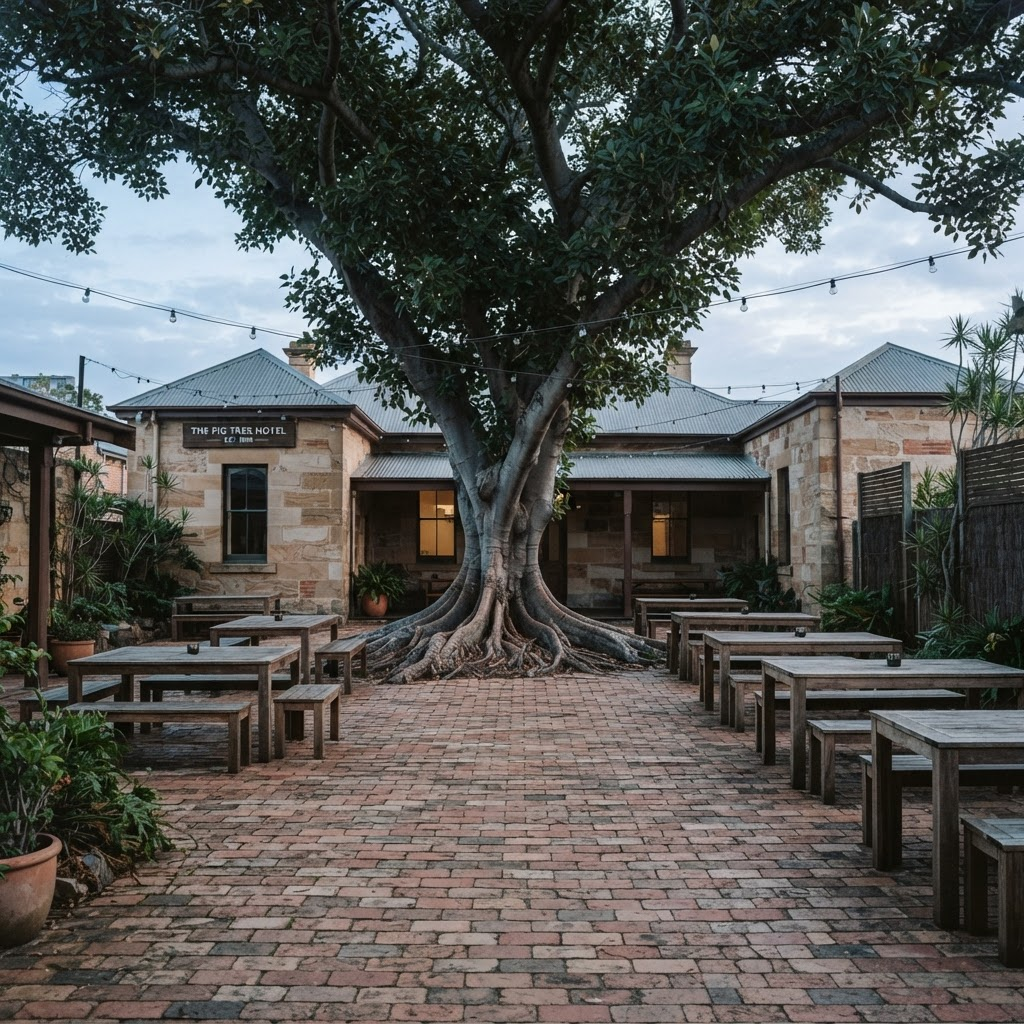 Empty pub beer garden courtyard with timber tables and an established fig tree at dawn