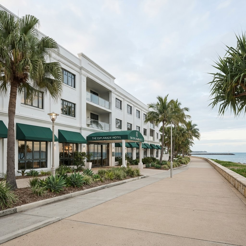 Coastal Australian hotel property with rendered facade and deep green awnings