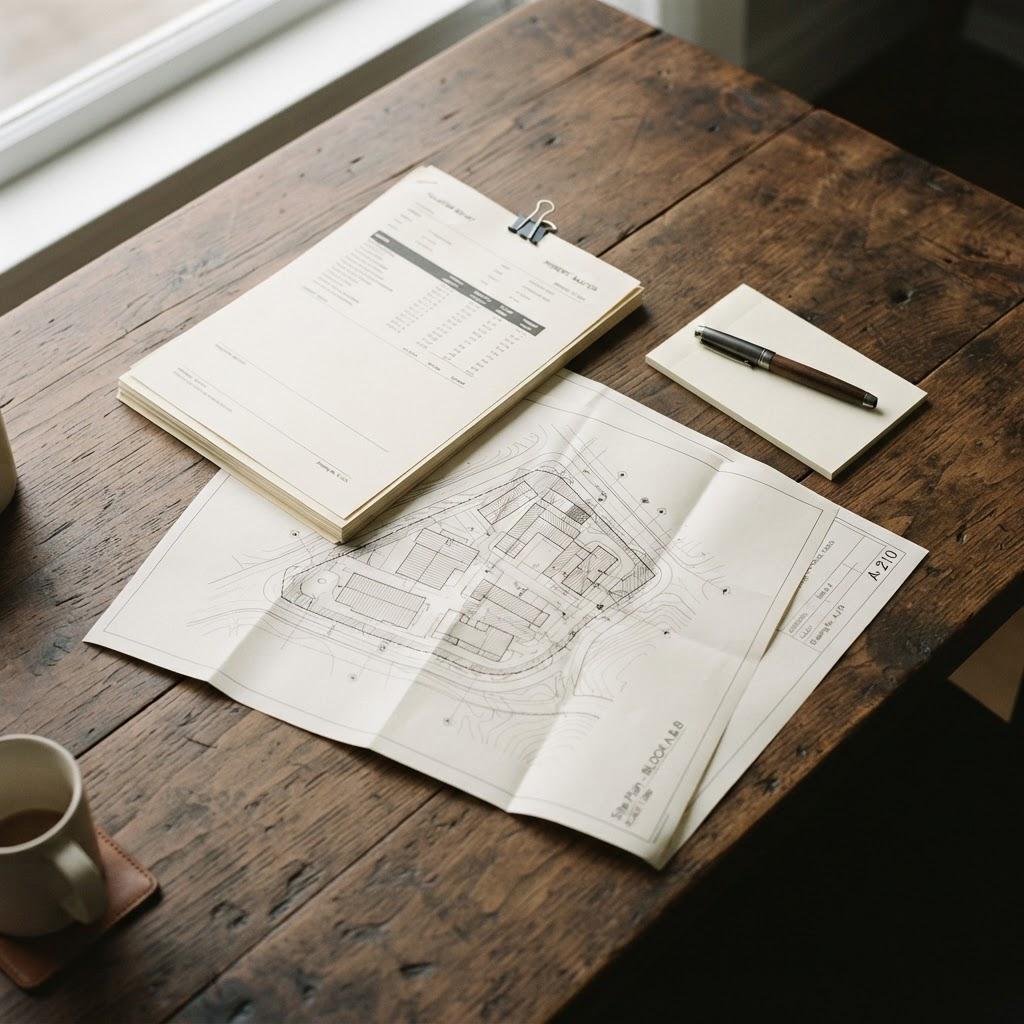 Printed valuation documents and an architectural site plan on a timber desk